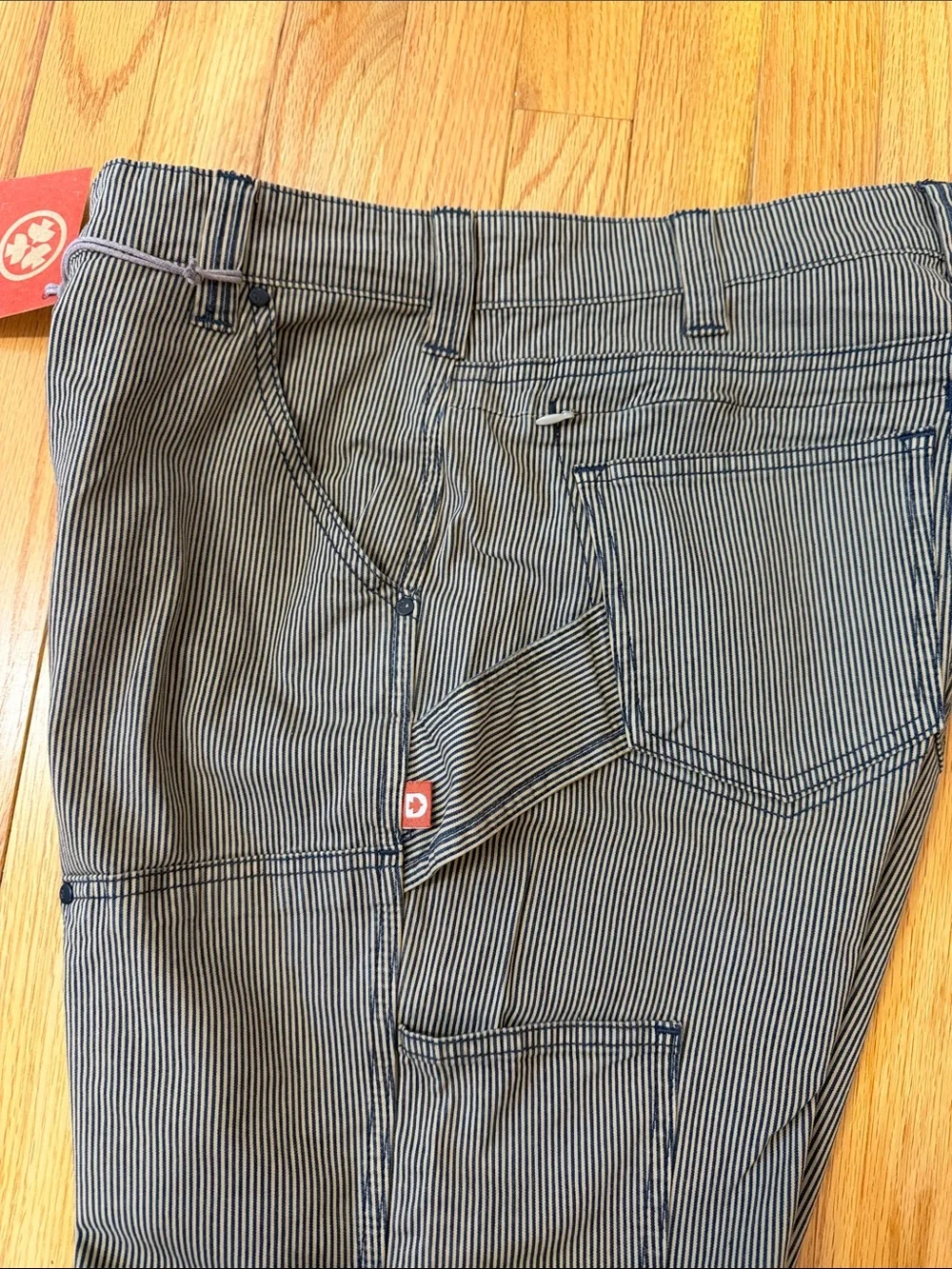Dovetail Women’s Straight Fit Work Jeans in black and tan Pinstripe